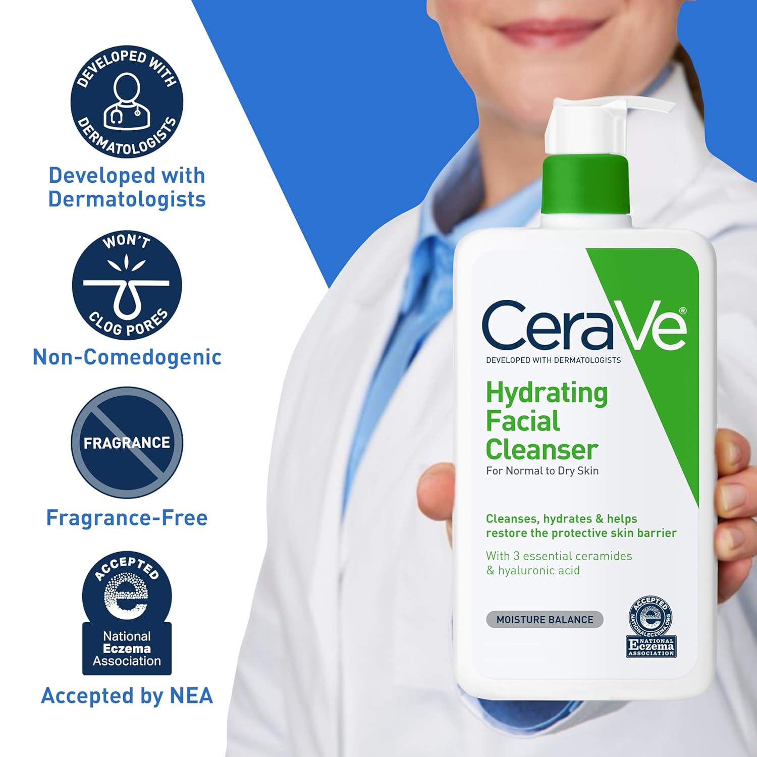 ceraVe Hydrating Facial Cleanser, Moisturizing Face Wash For Dry Skin, Hyaluronic Acid + Ceramides + Glycerin, Gentle, Non-Stripping, National Eczema Association Certified
