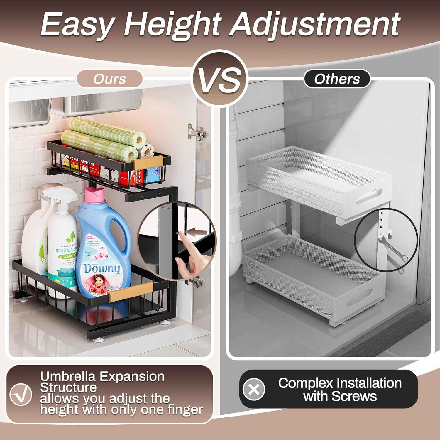 ADBIU Under Sink Organizer, 2 Pack 2 Tier Expandable Height Kitchen Bathroom Cabinet Organizers