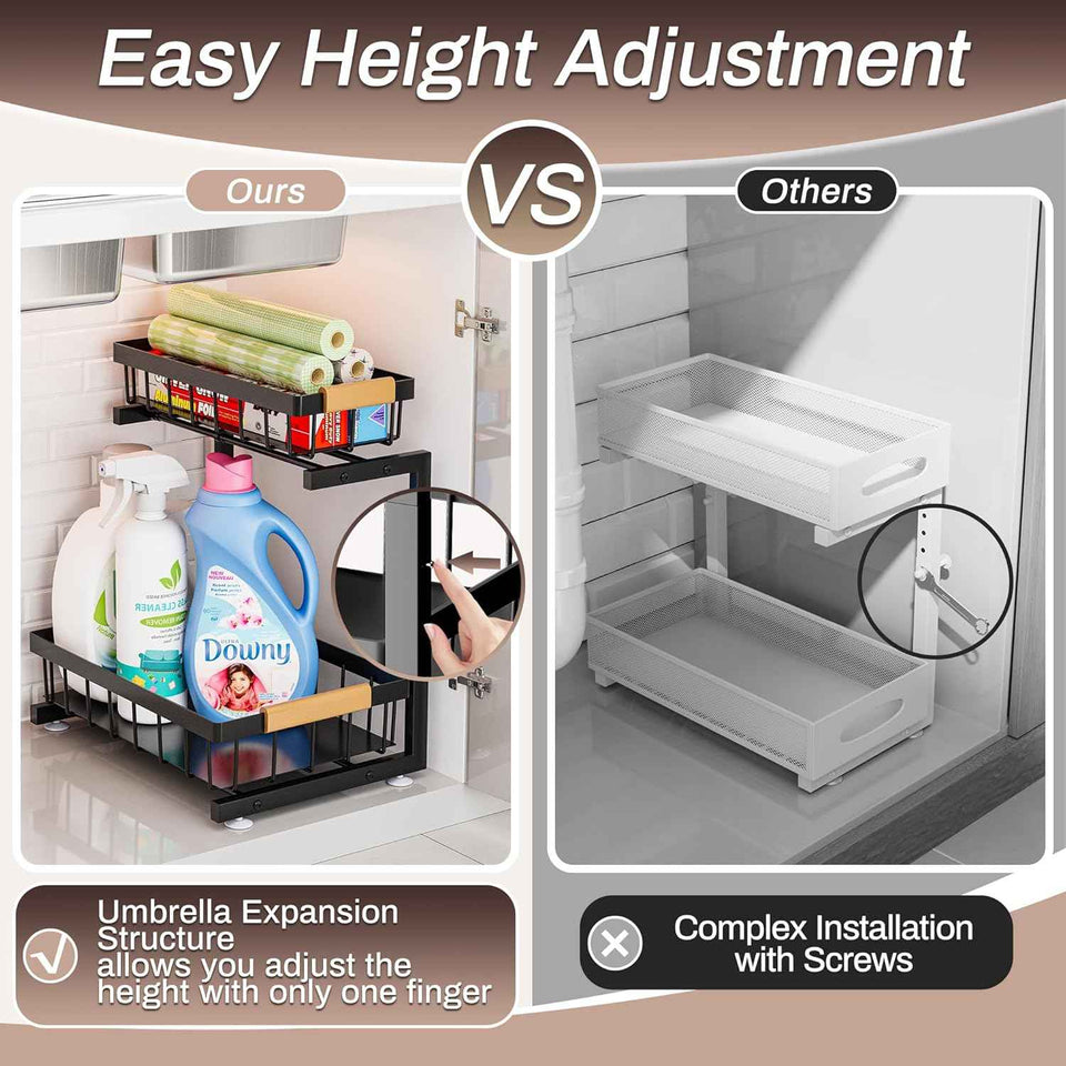 ADBIU Under Sink Organizer, 2 Pack 2 Tier Expandable Height (13.2" - 17.2") Pulling Out Kitchen Bathroom Cabinet Organizers