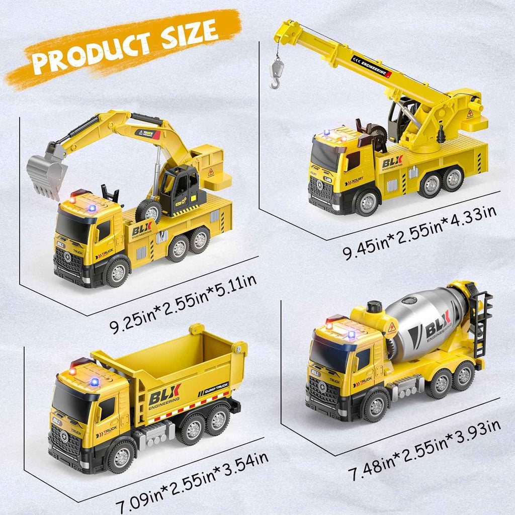 4 Pcs Alloy Construction Truck Toys Gifts For 2 3 4 5 Year Old Boys, 9" Construction Vehicles Toys With Light & Sound, Include Excavator, Crane, Dump and Mixer, Toys for Boys Toddler Kids 2-4 3-4 4-6