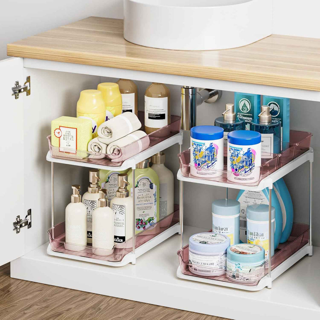 Delamu 2-Tier Multi-Purpose Bathroom Under Sink Organizers and Storage, Stackable Kitchen Pantry Organization, Pull Out Medicine Cabinet Organizer with Movable Dividers, White, 2 Pack