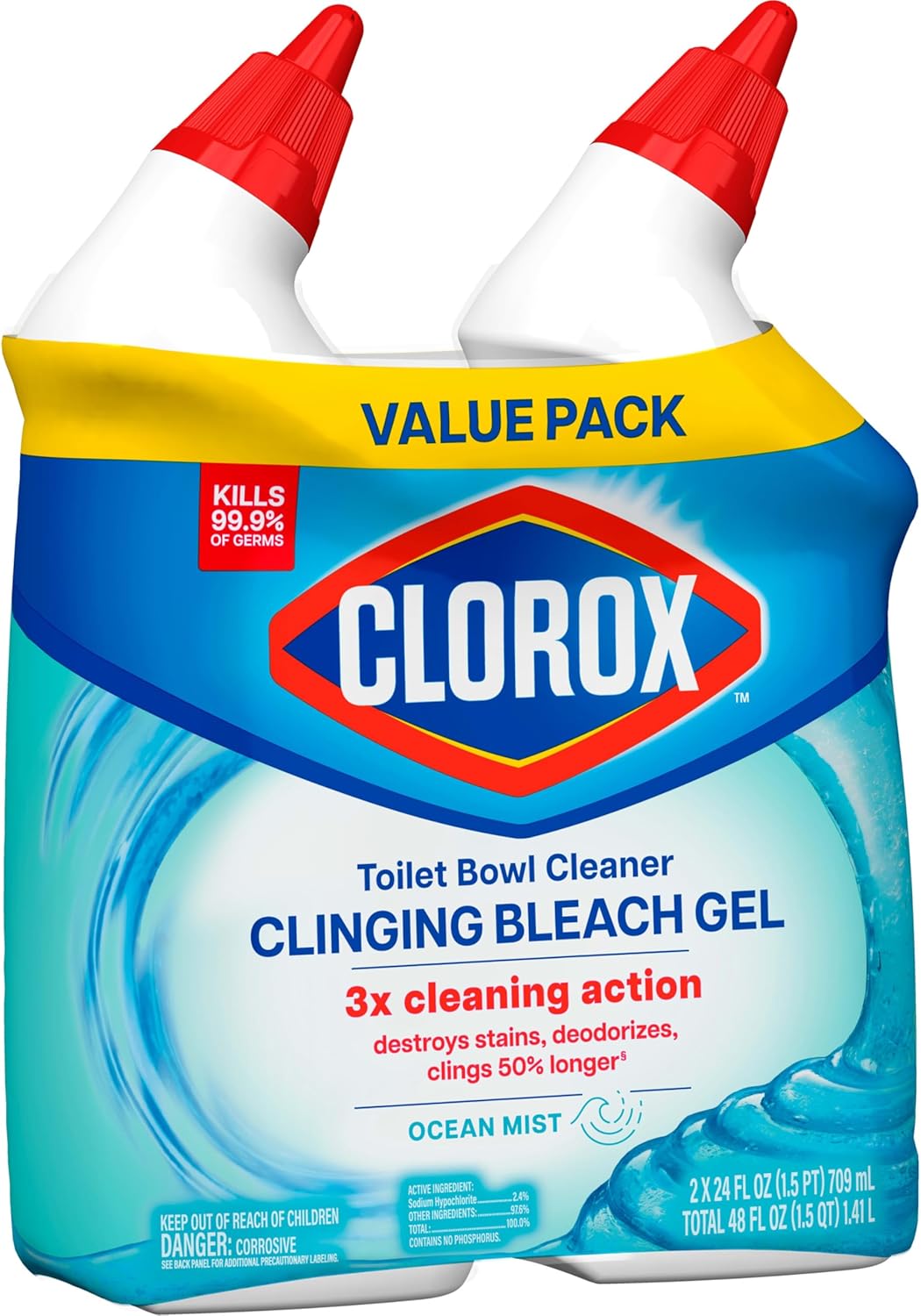 CLOROX Toilet Bowl Cleaner Clinging Bleach Gel, Ocean Mist, 24 Fl Oz, Pack of 2 (Package May Vary) - ShopUS