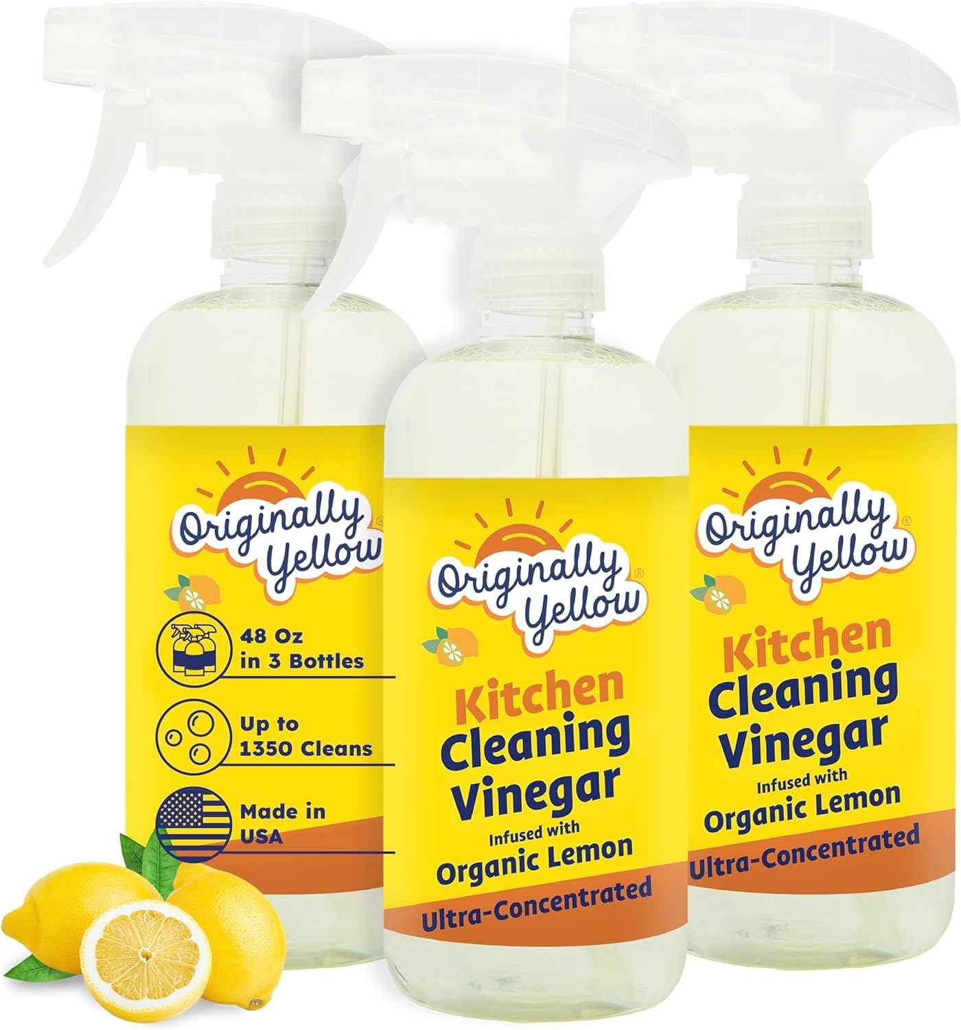 Originally Yellow Plant-Based Kitchen Cleaner, 16 Fl Oz (3-Pack), Powered by Natural Vinegar & Infused with Organic Lemon