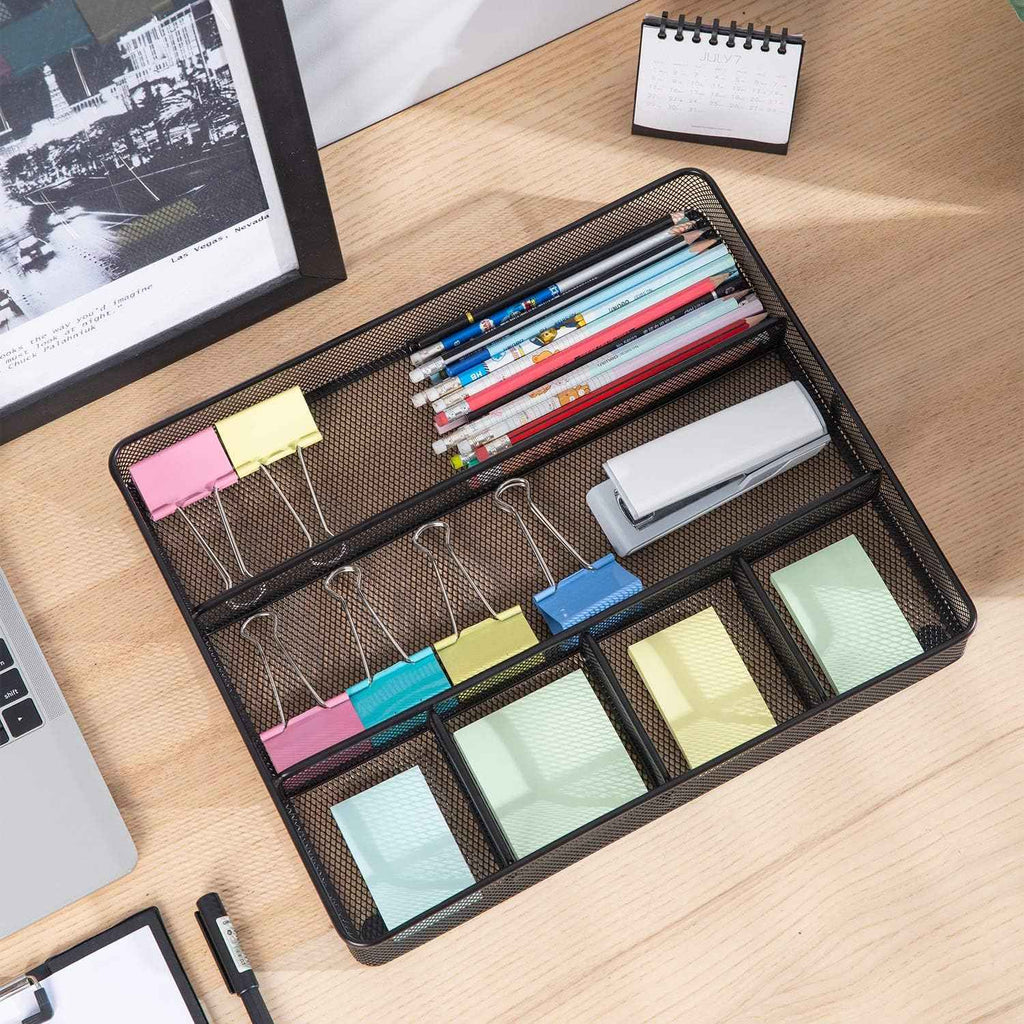 Desk Drawer Organizer - Metal Mesh, Anti-Slip, 6 Compartments, Black, Adjustable and Stackable