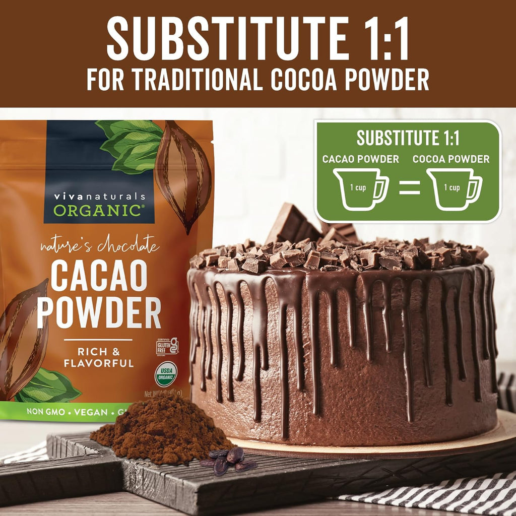 organic unsweetened cacao powder 1 lb rich dark chocolate flavor vegan keto paleo non-gmo gluten-free