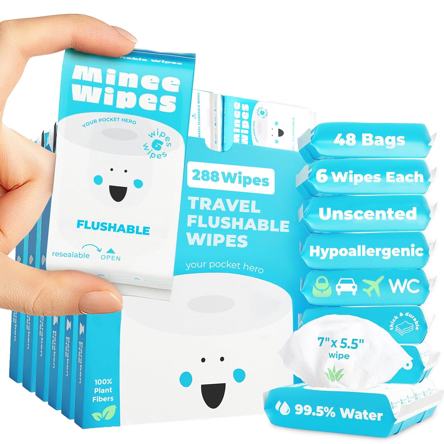 Compact Travel Flushable Wipes for Sensitive Skin - 99.5% Water and Aloe - 8 Pack 48 Wipes