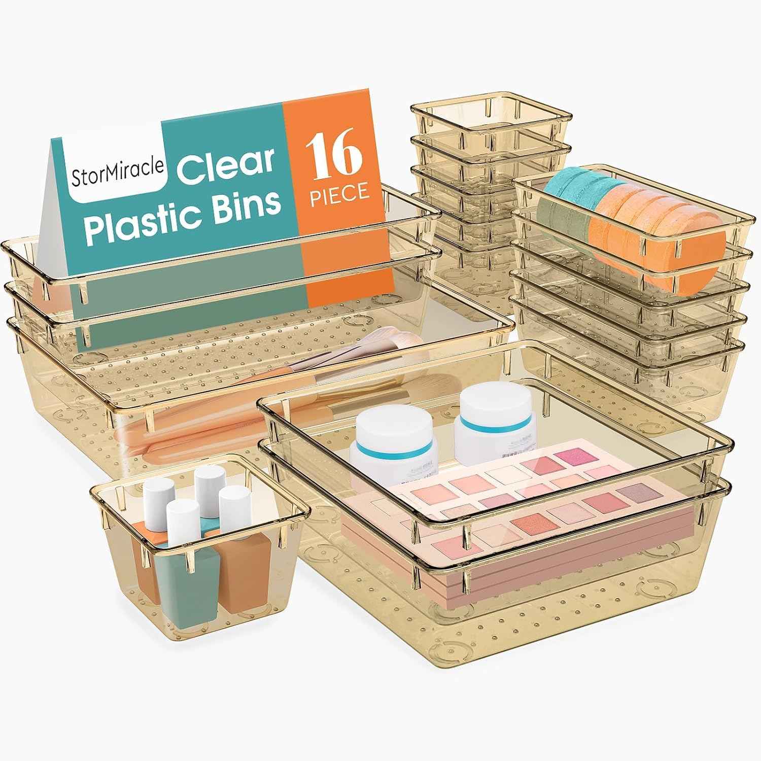 16 PCS Drawer Organizer Set, 5 Varied Size Bathroom and kitchen Drawer cabinet organizer Trays, Clear Storage Bins for Makeup, Jewelry, Utensils and Gadgets