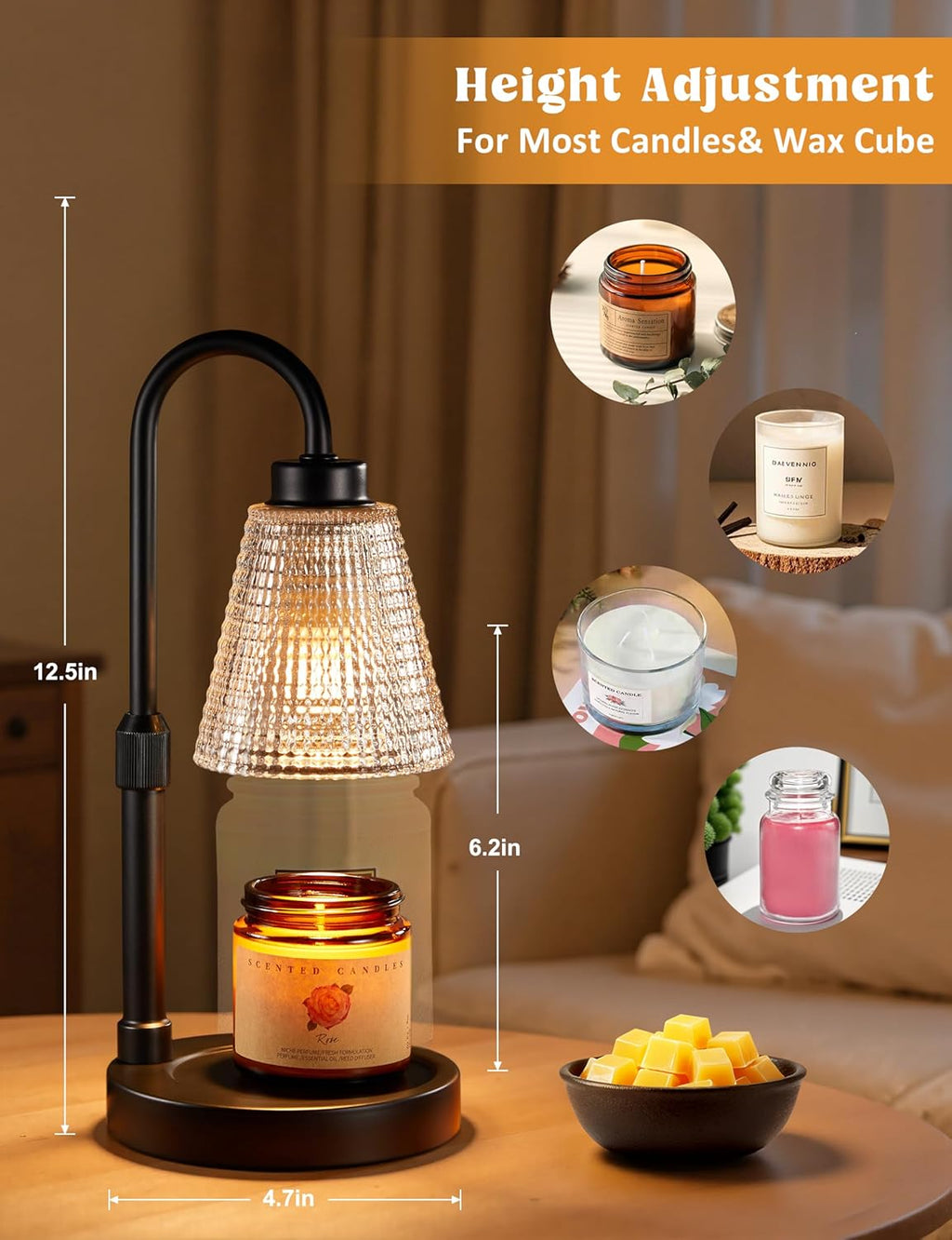 Innqoo Candle Warmer Lamp with Timer, Dimmable Candle Warmer for Jar Candles, Height Adjustable Wax Melts Warmer, Birthday Gifts for Women Mom, House Warming Gifts New Home Decor