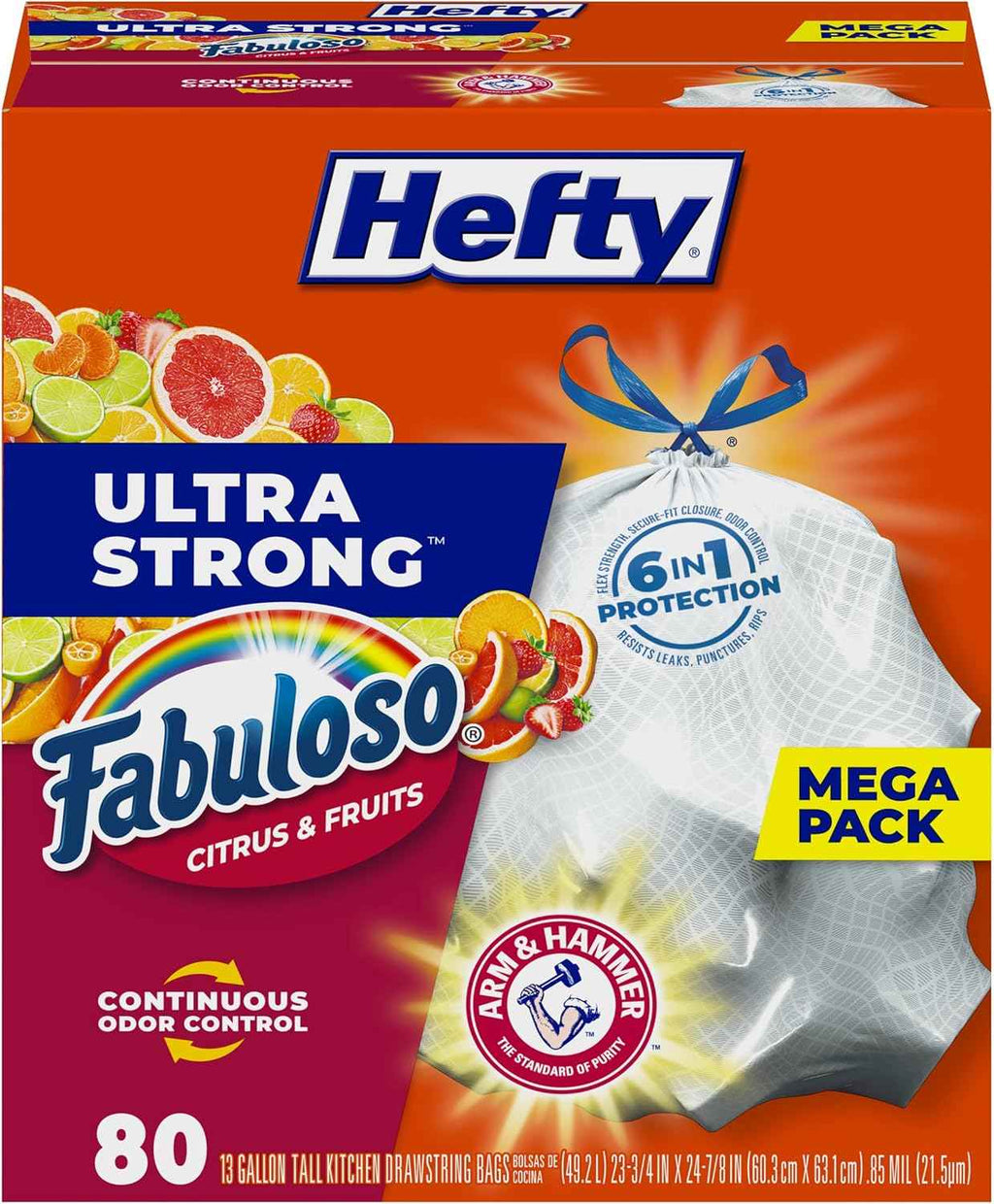 Hefty Ultra Strong 13 Gallon Trash Bags with 6-in-1 Protection and Citrus Scent for Kitchen Waste