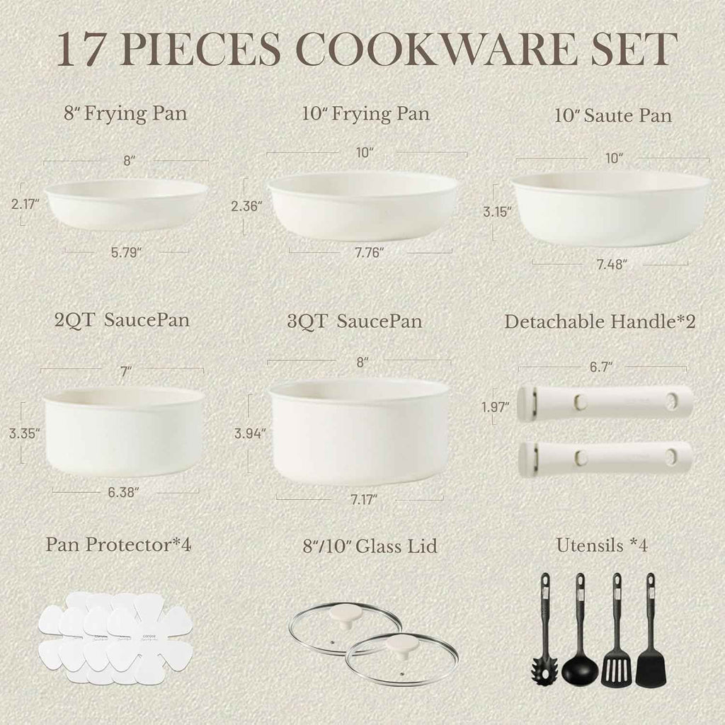 CAROTE 17pcs Nonstick Cookware Set with Detachable Handle, Induction Kitchen Cookware for RV, Camping, and Travel