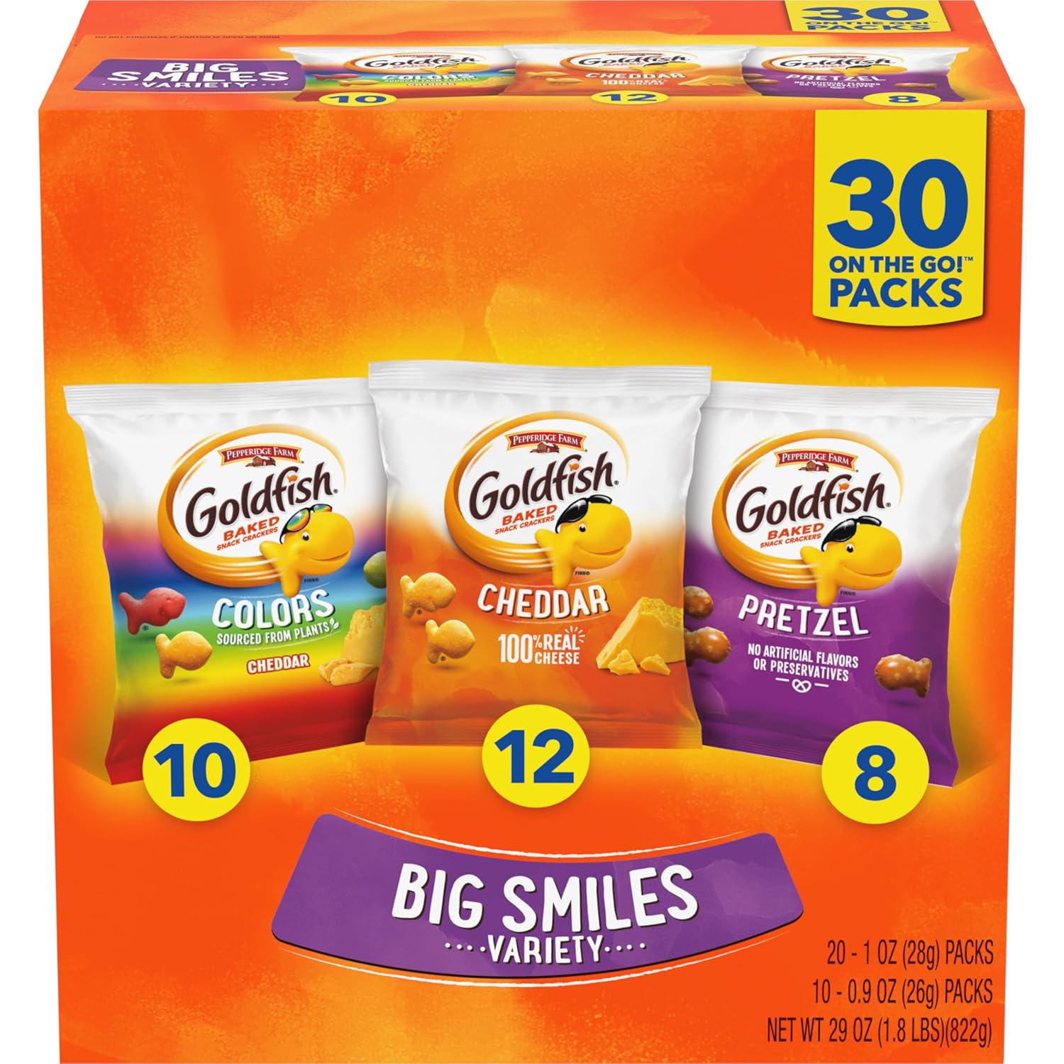Goldfish Big Smiles Variety Pack: Cheddar, Colors, Pretzels, Snack Packs, 30 Count, Perfect for After-School Snacking