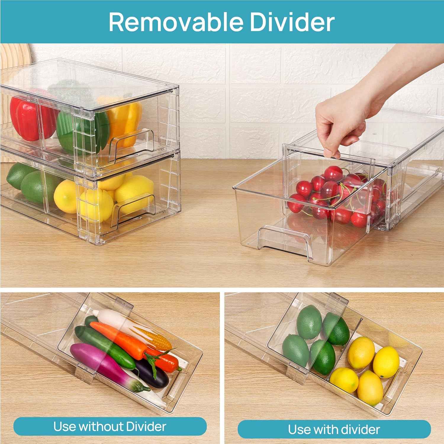 Vtopmart 4 Pack Stackable Storage Drawers, Clear Acrylic Drawer Organizers with Handles for Fridge, Bathroom, Kitchen, Undersink, Cabinet, Pantry