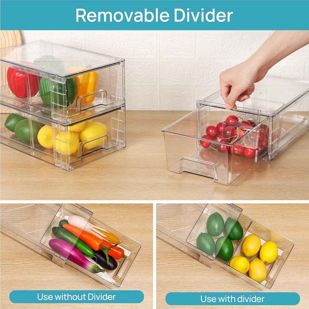 Vtopmart 4 Pack Stackable Storage Drawers, Clear Acrylic Drawer Organizers with Handles for Fridge, Bathroom, Kitchen, Undersink, Cabinet, Pantry