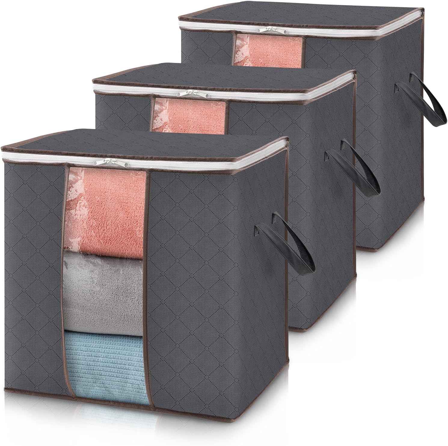 Lifewit 6 Pack Clothes Storage Bins with Lids, Foldable Blanket Storage Bags with Zippers, Clear Window and Reinforced Handles, Closet and Organization for Clothing, Sweater, Comforter, Bedding, Gray