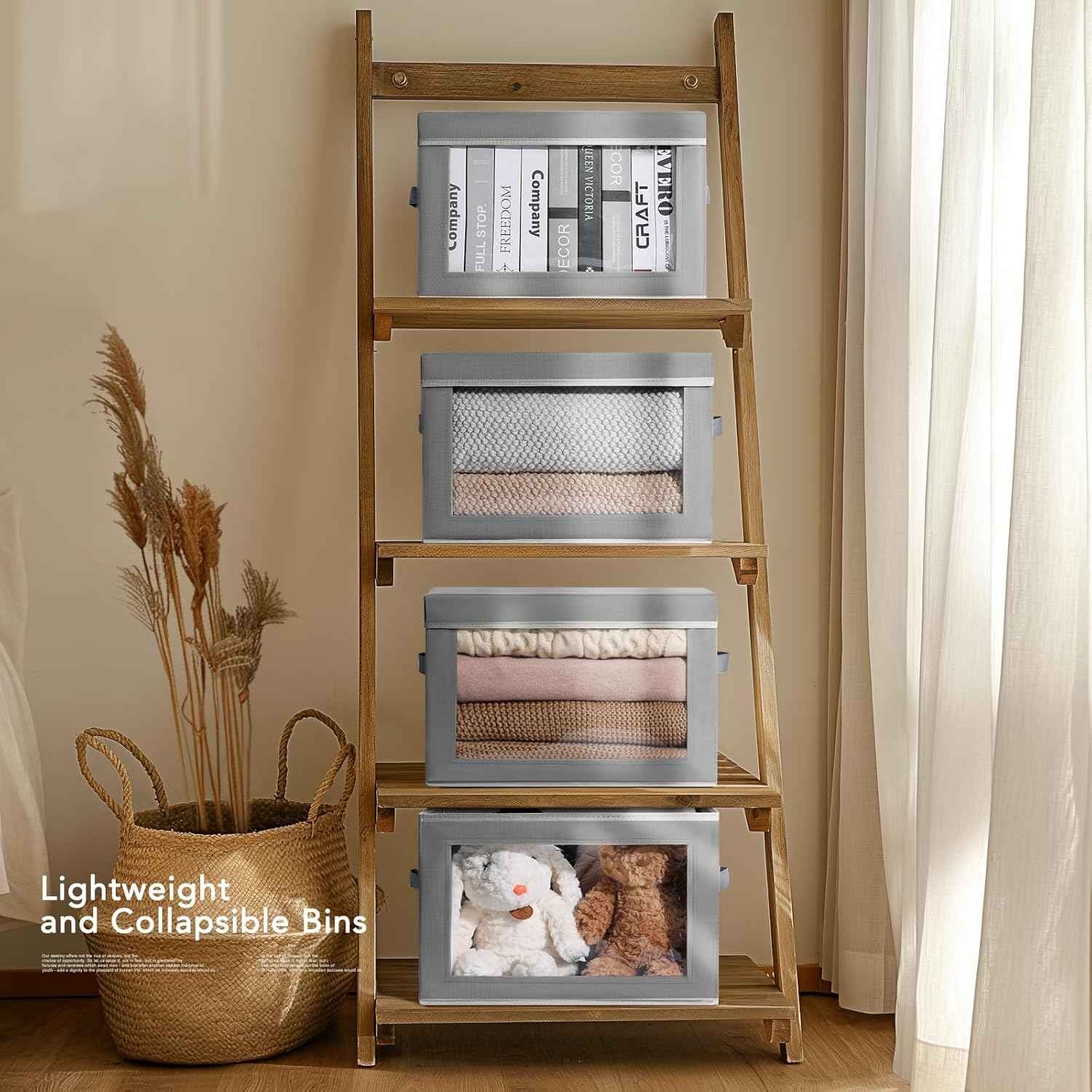Grey 4 Pack Collapsible Fabric Storage Bins with Lids for Shelves, Closet, Office Decorative Closet Organizer