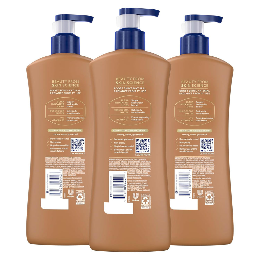 Vaseline Intensive Care Body Lotion Cocoa Radiant 3 count for Dry Skin Lotion Made with Ultra-Hydrating Lipids and PLre Cocoa Butter for a Long-Lasting, Radiant Glow 20.3 Oz