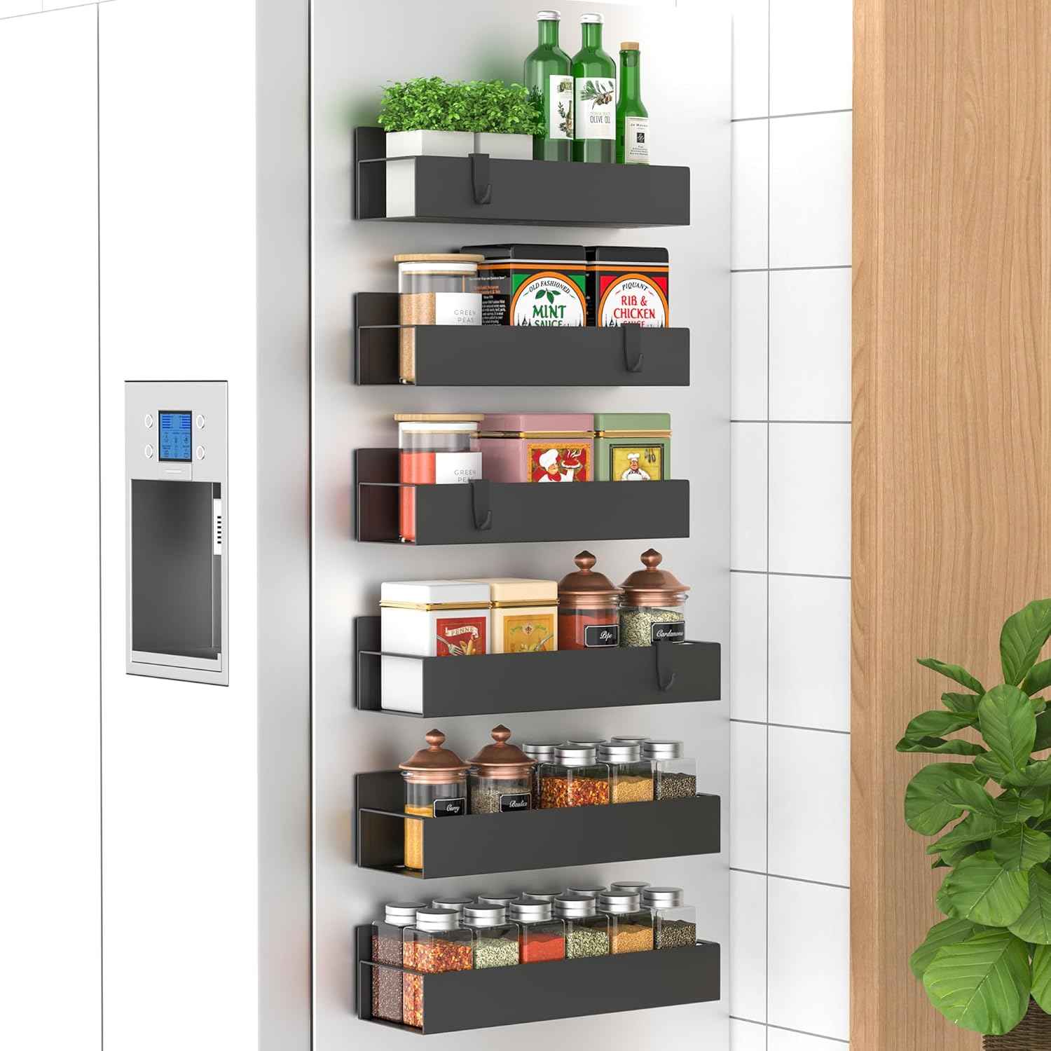 Metal 4 Pack Magnetic Spice Storage Rack Organizer for Refrigerator and Oven, Black Fridge Organizers and Storage