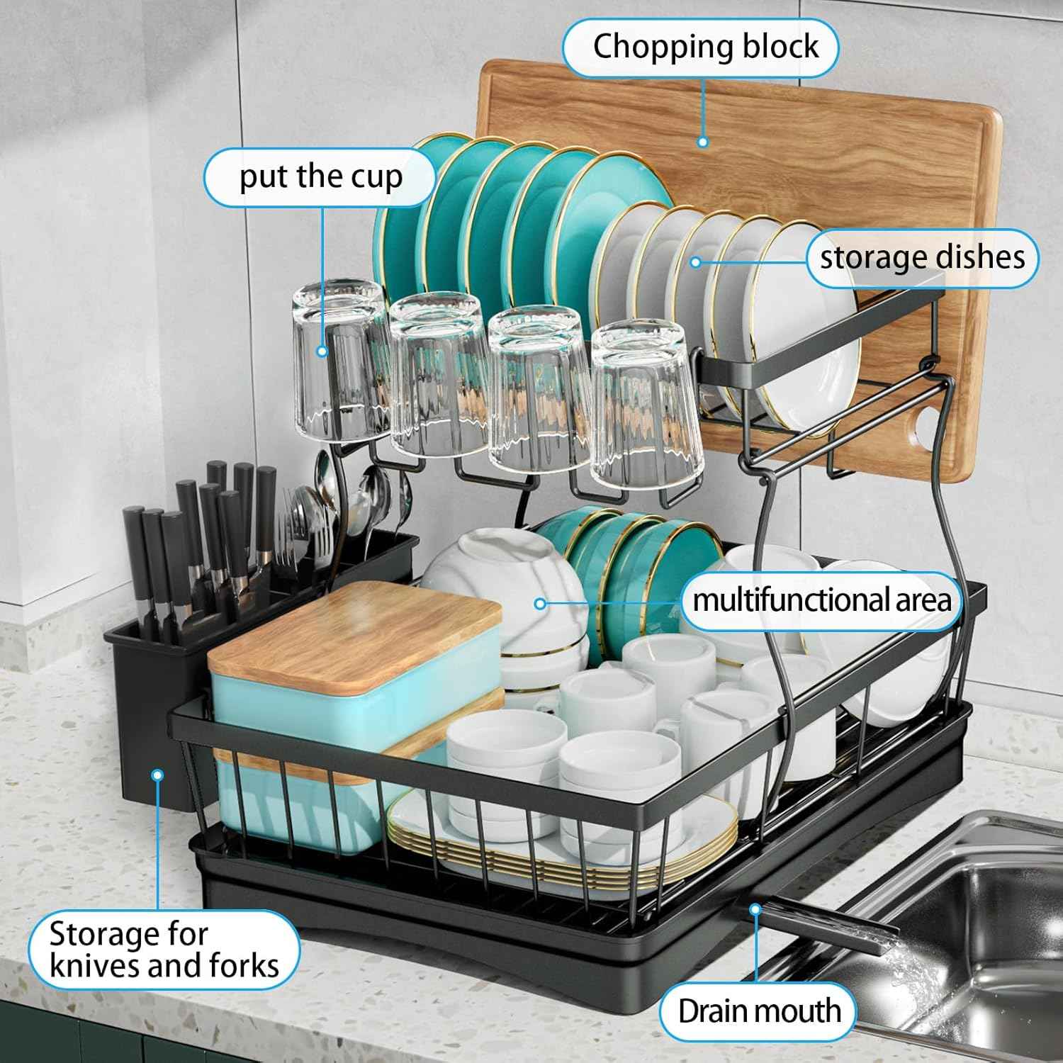 7-Code Large Capacity Dish Drying Rack for Kitchen Counter, Detachable Utensil Holder