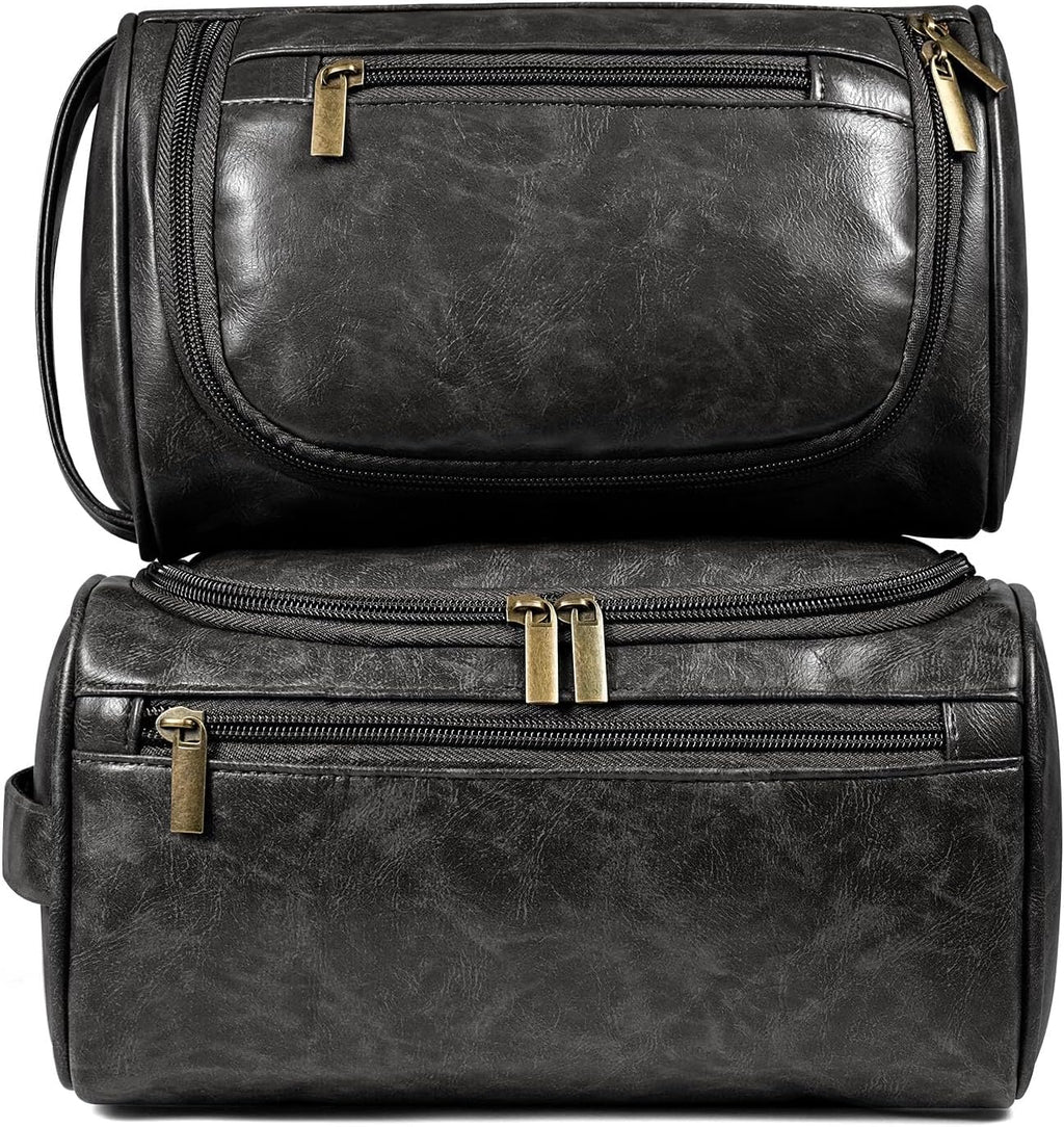 large water-resistant leather dopp kit & medium travel bag set for men - brown