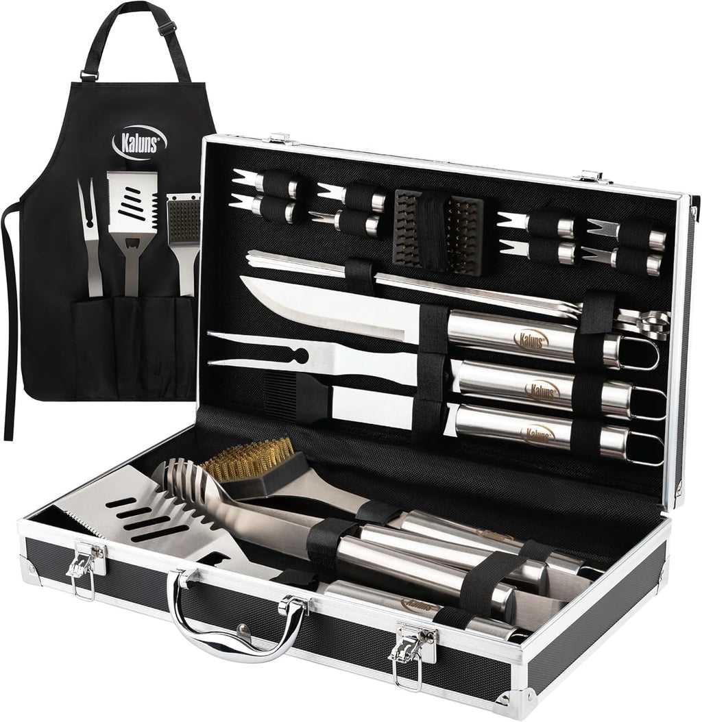Kaluns BBQ Accessories Grill Tools, Mens Valentines Day Gifts for Him, Heavy Duty Stainless Steel Barbecue Grill Accessories for Outdoor Grill with Aluminum Case and Apron, Grilling Gifts for Men Dad