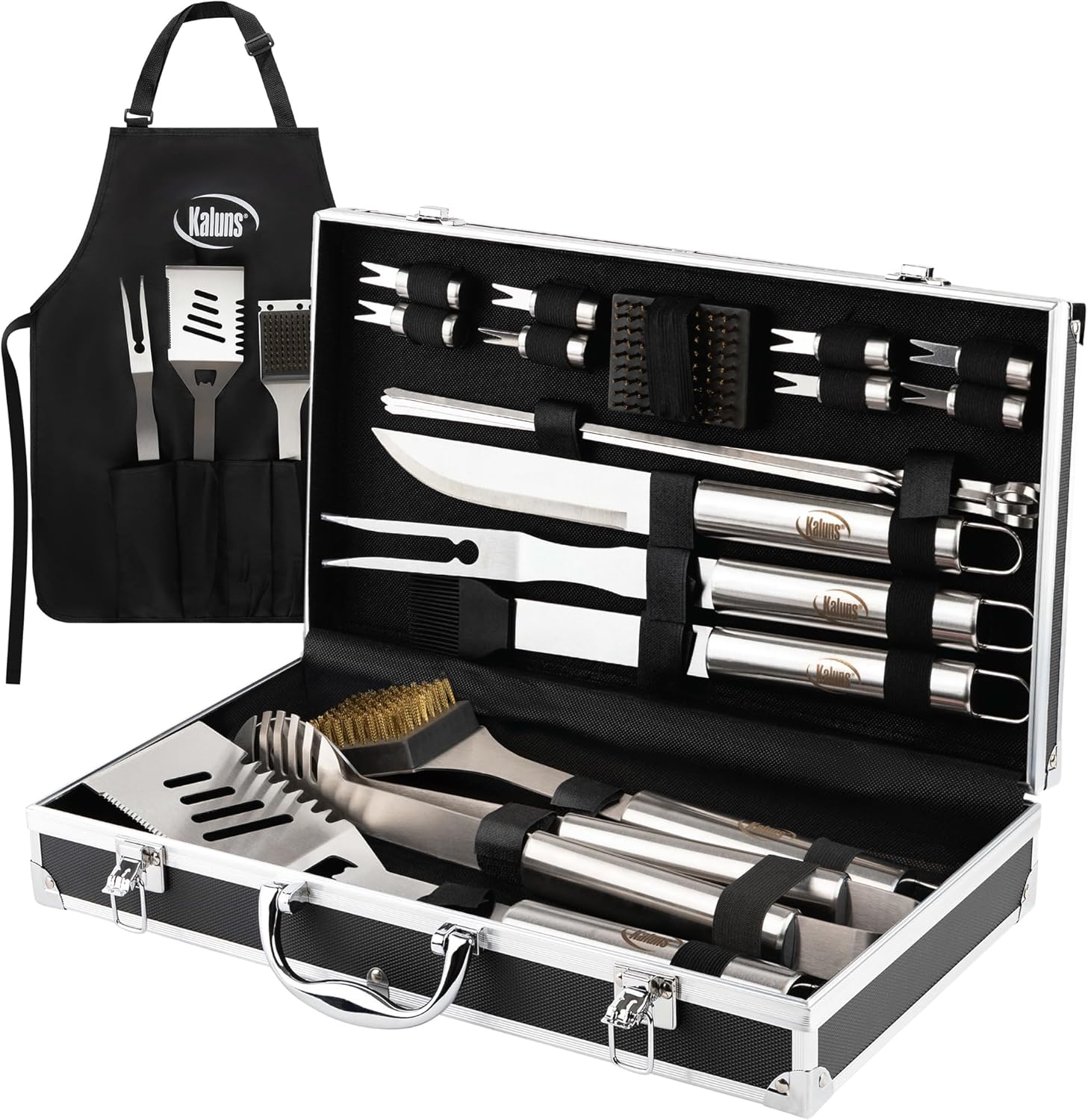 Kaluns BBQ Accessories Grill Tools, Mens Valentines Day Gifts for Him, Heavy Duty Stainless Steel Barbecue Grill Accessories for Outdoor Grill with Aluminum Case and Apron, Grilling Gifts for Men Dad