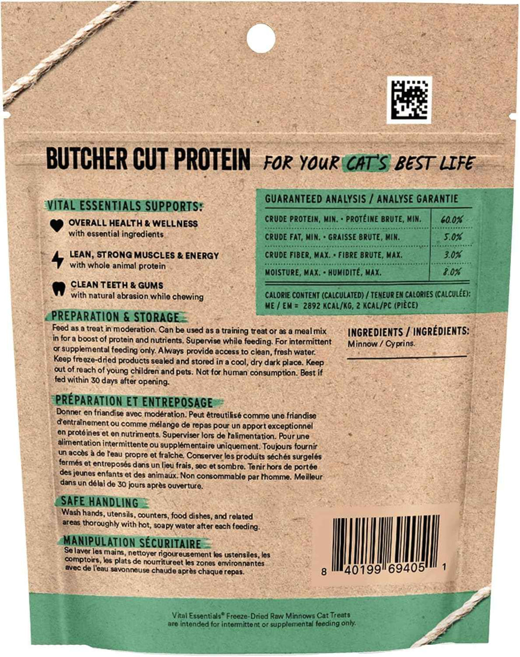 Vital Essentials minnows freeze-dried raw cat treats, 0.5 oz, single ingredient, grain free, gluten free, filler free
