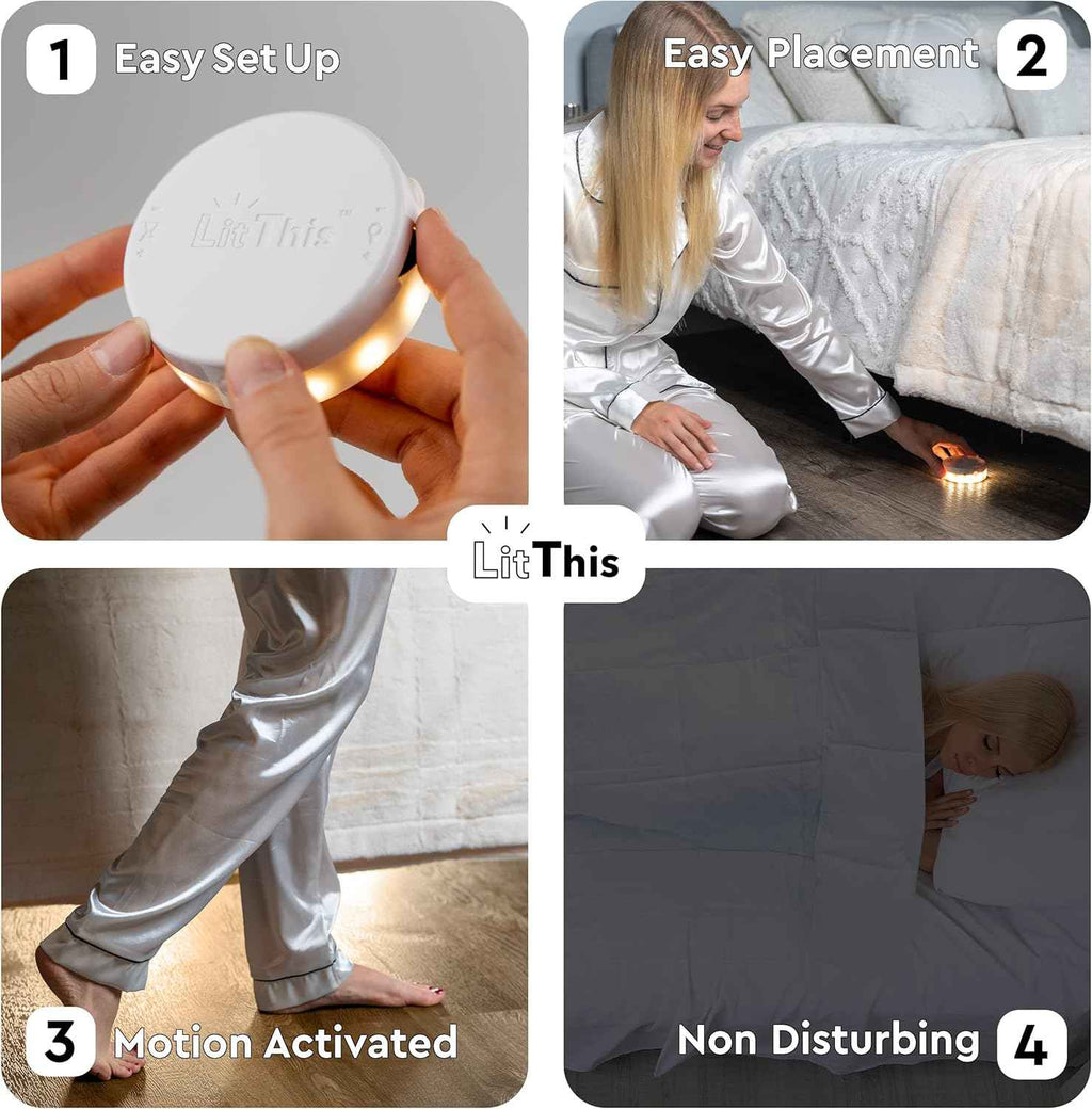 LitThis patented 360° motion-activated night light for under bed, easily positioned, dimmable, auto on/off