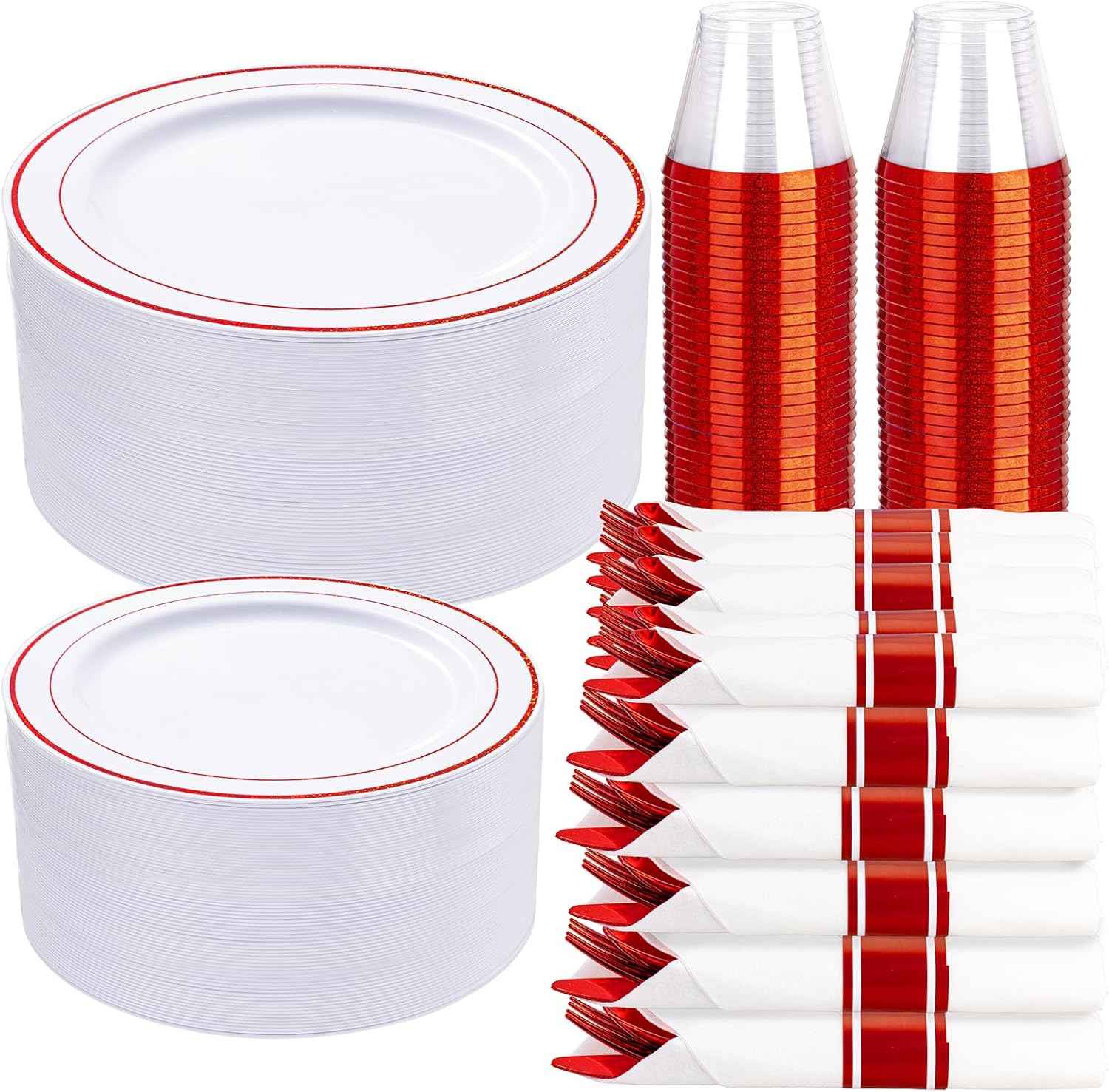 WELLIFE 700 Pieces Silver Plastic Dinnerware Set for 100 Guests - Includes Plates, Cups, Napkins, and Disposable Cutlery - Elegant White & Silver Design, Perfect for Parties and Events