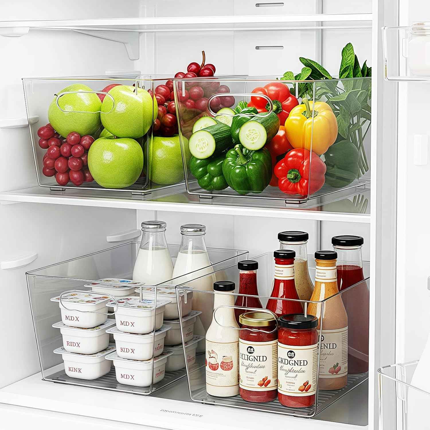 Clear Plastic Storage Bins, 4-Pack Stackable Pantry Organizers for Kitchen, Fridge, Cabinet and Closet