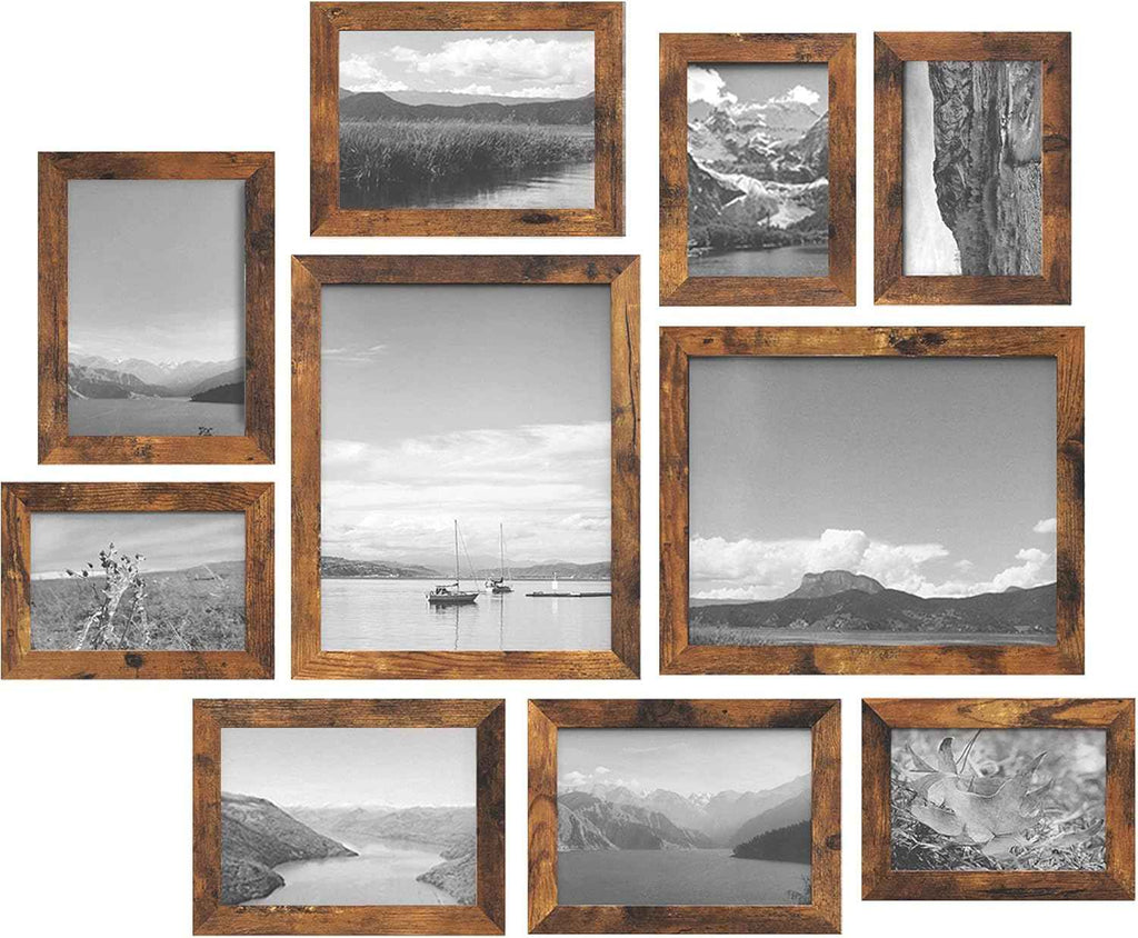 SONGMICS Rustic Brown Picture Frame Set, 10-Piece, Including 2 8x10, 4 5x7, and 4 4x6 Photos, Wall Gallery Decor, Christmas Gift