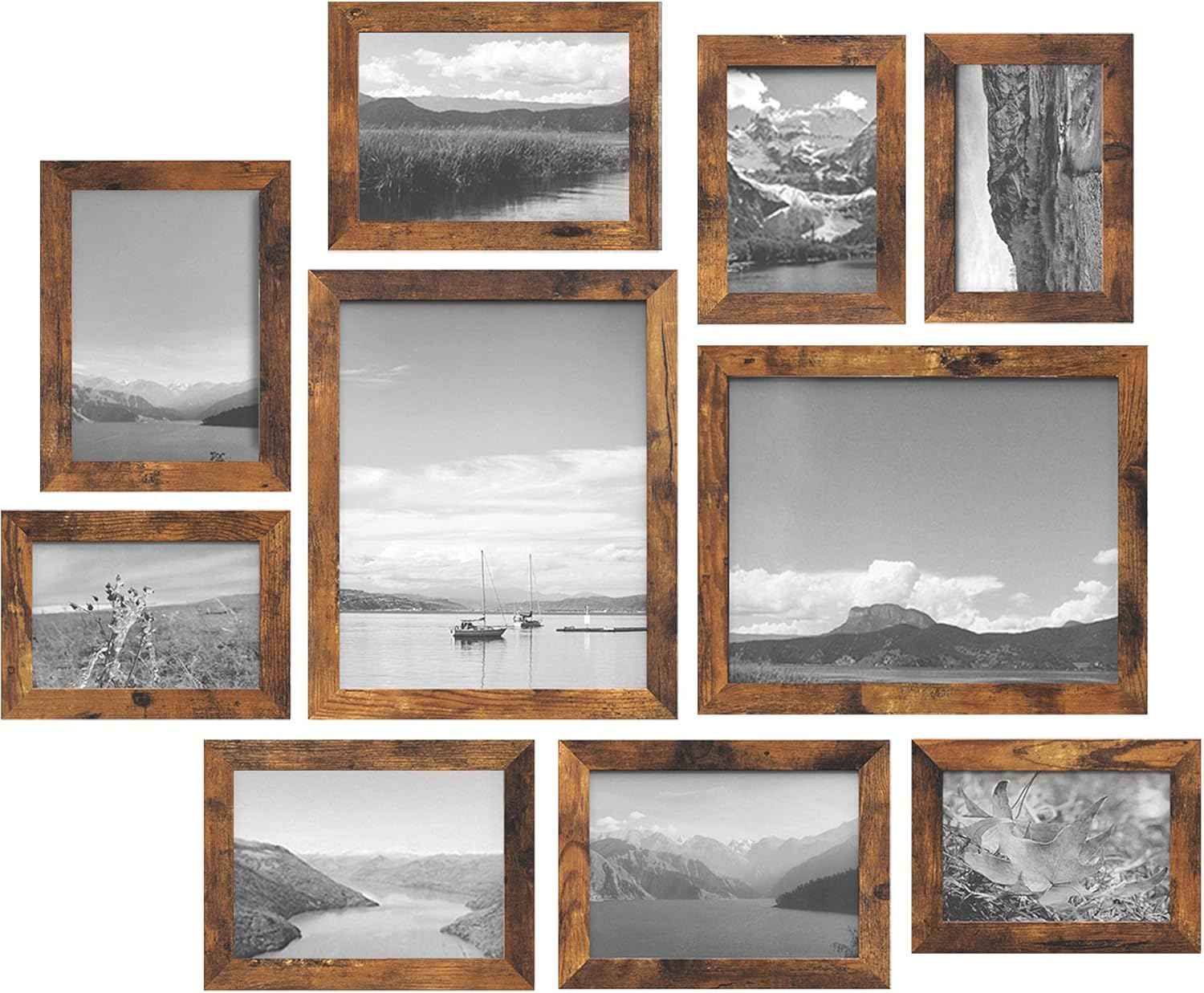 SONGMICS Rustic Brown Picture Frame Set, 10-Piece, Including 2 8x10, 4 5x7, and 4 4x6 Photos, Wall Gallery Decor, Christmas Gift