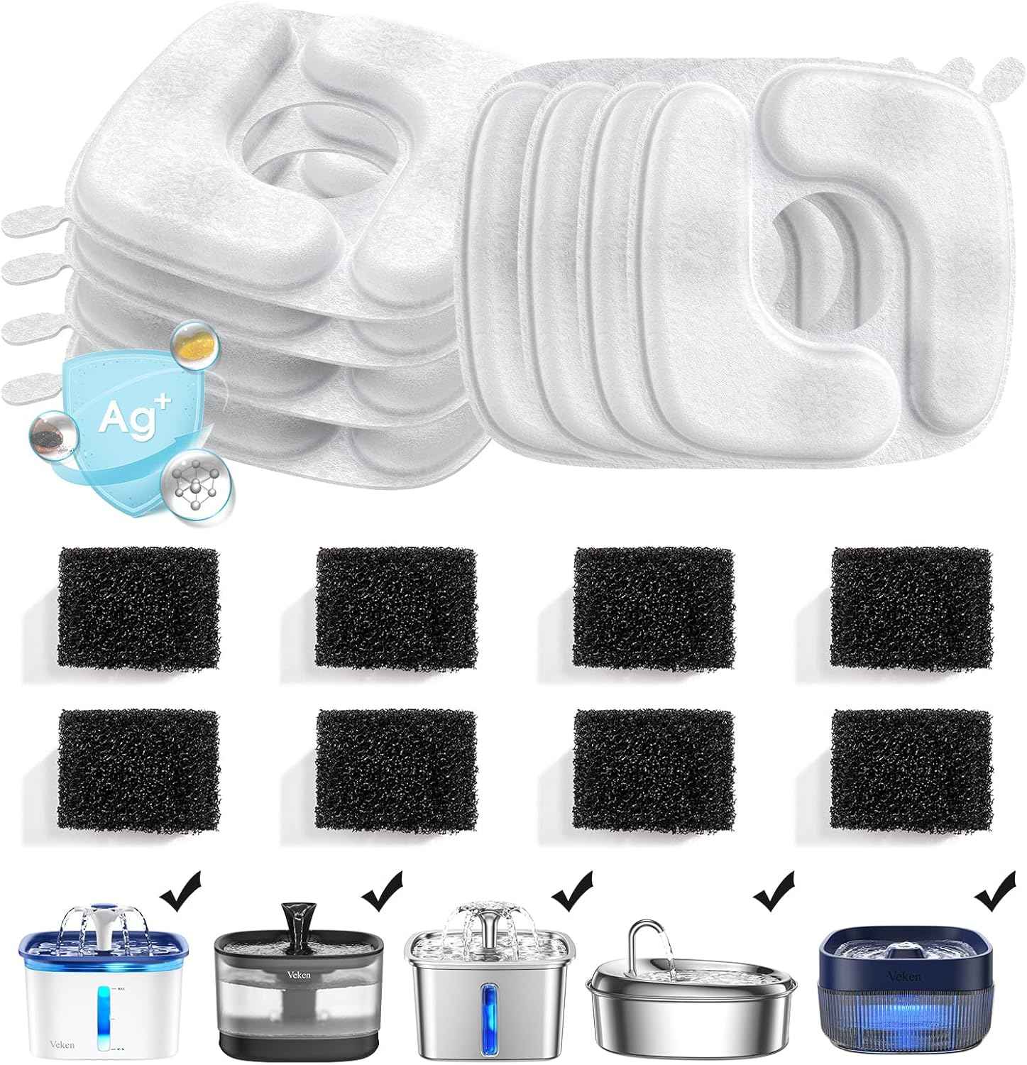 veken 8 pack replacement filters & pre-filter sponges for 50oz to 108oz cat water fountains