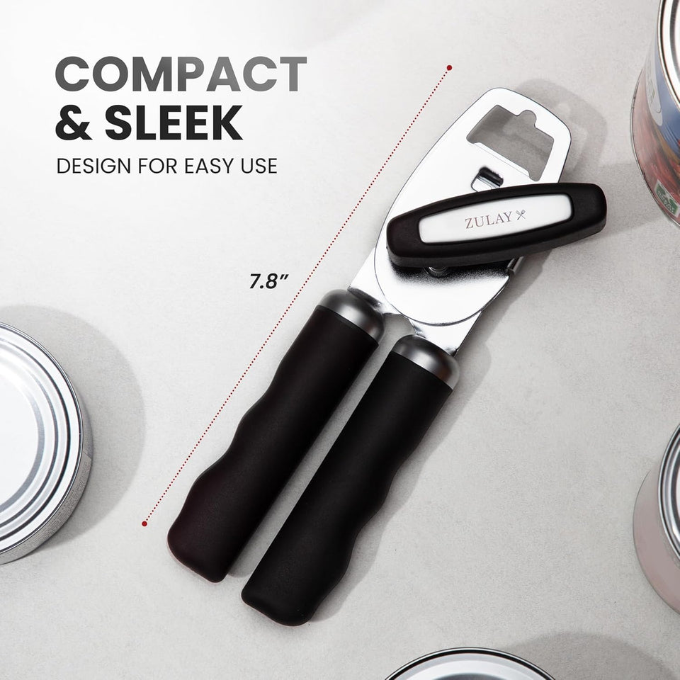 Zulay Kitchen Heavy Duty Stainless Steel Can Opener Manual with Bottle Opener - Rust Proof Manual Can Opener With Turn Knob & Comfy Soft Grip Handles - Black