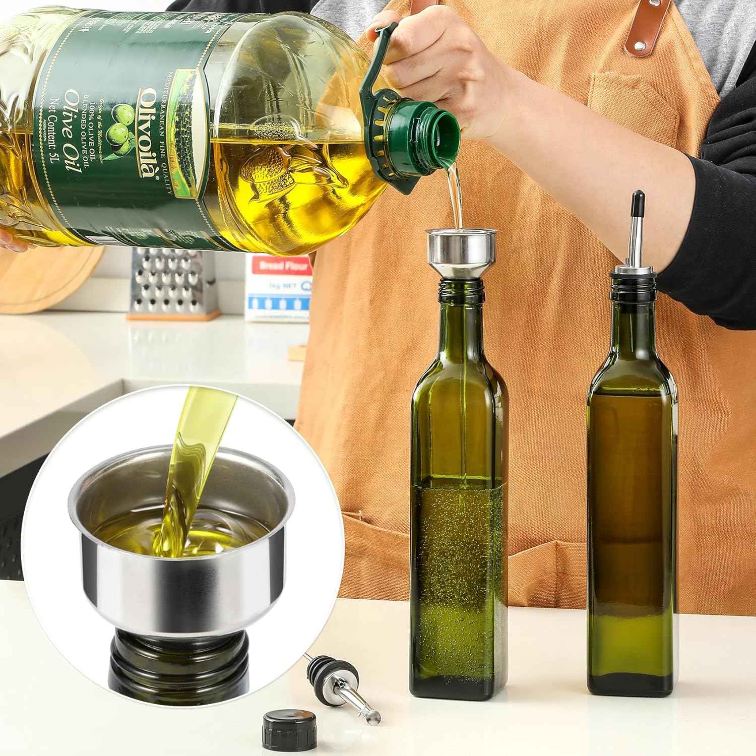 Aozita 17oz glass olive oil bottle dispenser with pourers and funnel for kitchen use