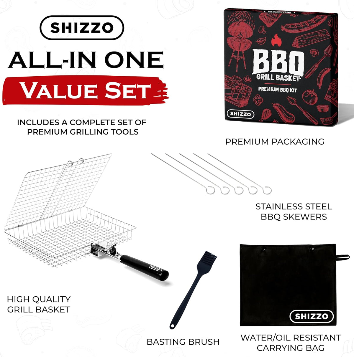 SHIZZO Grill Basket Set, Barbecue BBQ Grilling, Stainless Steel Folding Portable Outdoor Camping Rack for Fish, Shrimp, Vegetables, Cooking Accessories, Gifts for Dad, husband, Friends