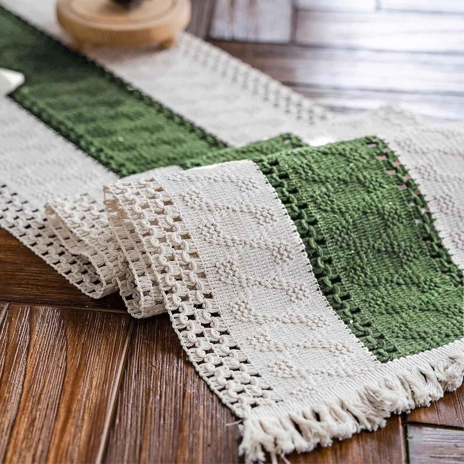 Alynsehom Macrame Table Runner Cream Beige Boho Table Runners with Tassels Hand Woven Cotton Table Runner Rustic Farmhouse Table Runners for Bohemian Kitchen Dining Table(12x71in)