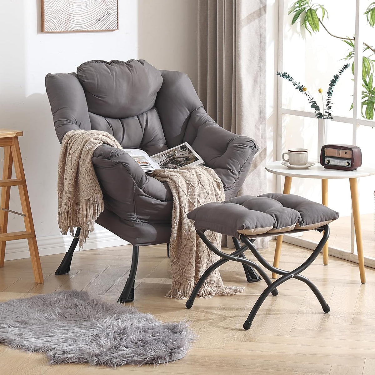 Welnow Lazy Chair with Ottoman, Modern Lounge Accent Chair with Armrests and a Side Pocket, Leisure Sofa Armchair, Reading Armchair with Footrest for Small Space, Dark Grey