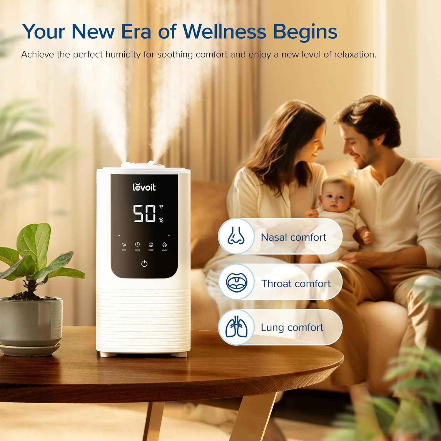 levoit oasis mist 4.5l smart humidifier for large room, white
