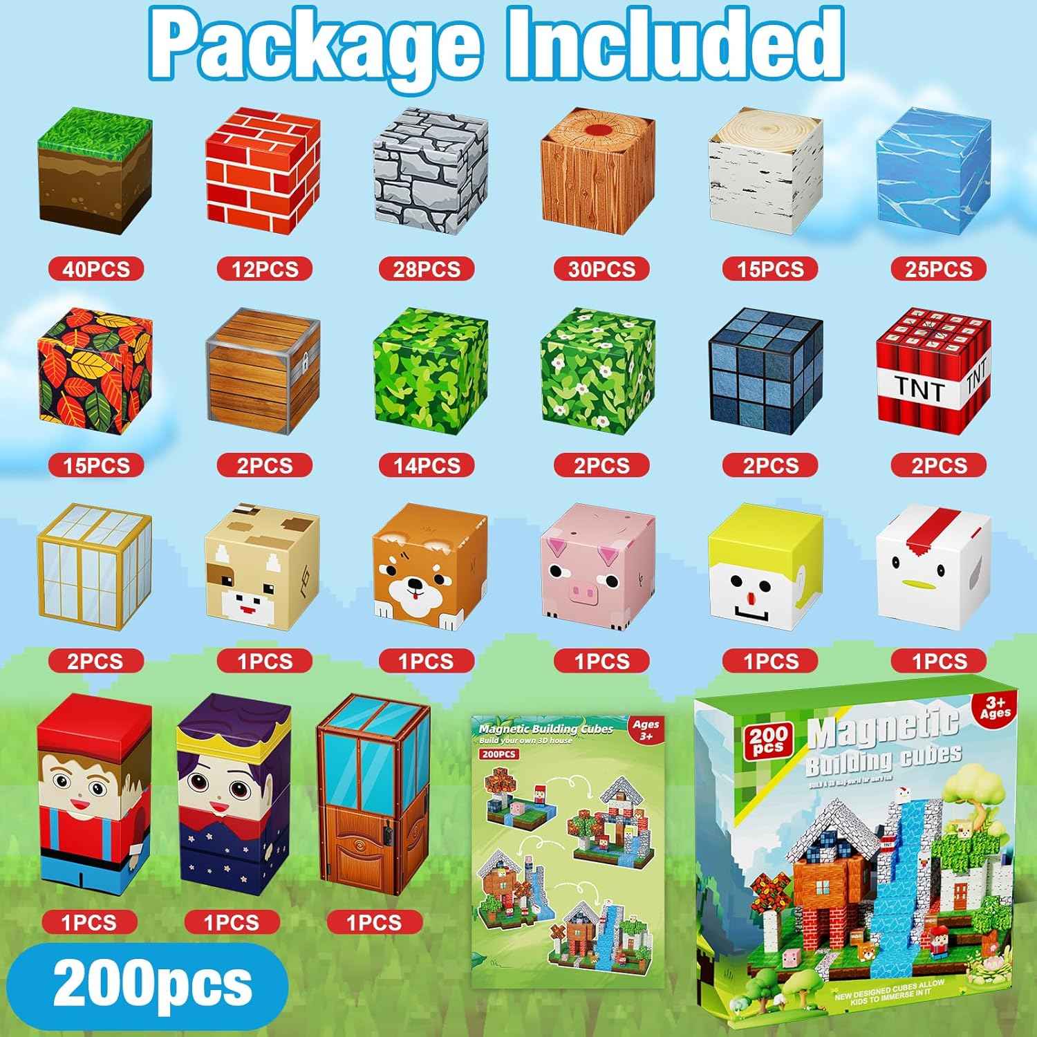 200PCS Magnetic Blocks Set for Kids, STEM Montessori Stacking Toys, Sensory Building Cubes for Toddlers, Age 3-10, Christmas Birthday Gifts