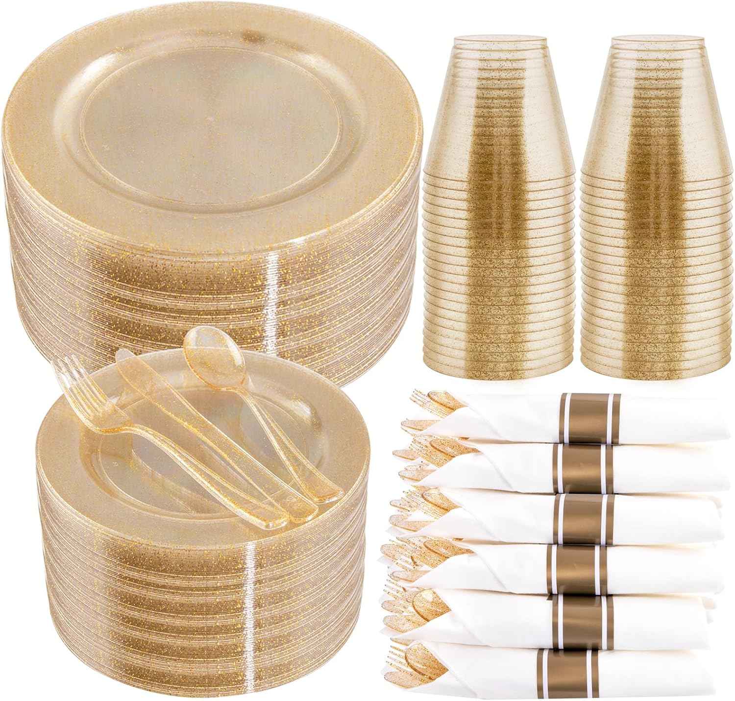 WELLIFE 700 Pieces Silver Plastic Dinnerware Set for 100 Guests - Includes Plates, Cups, Napkins, and Disposable Cutlery - Elegant White & Silver Design, Perfect for Parties and Events