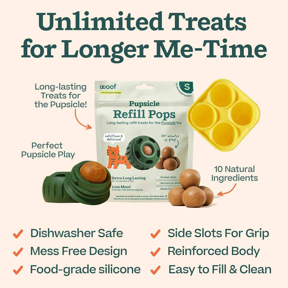 WOOF Starter Pack - Interactive Dog Toys for Boredom - Dog Treat Molds Silicone - Chicken-Flavored Healthy Treats for Dogs - Pupsicle Doggy Enrichment Toy - for Small Pups - 10-25 lbs