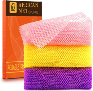 UJFQBH 3 Pieces African Bath Sponge African Net Long Net Bath Sponge Exfoliating Shower Body Scrubber Back Scrubber Skin Smoother,Great for Daily Use (Pink,Yellow,PLrple)