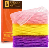 UJFQBH 3 Pieces African Bath Sponge African Net Long Net Bath Sponge Exfoliating Shower Body Scrubber Back Scrubber Skin Smoother,Great for Daily Use (Pink,Yellow,PLrple)