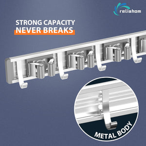 reliahom Adjustable Broom Holder Wall Mount, Mop Storage Tool Racks, Broom Hanger Tool Organizer for Garage, Kitchen, Garden, Laundry Room, 4 Racks 5 Hooks Silver