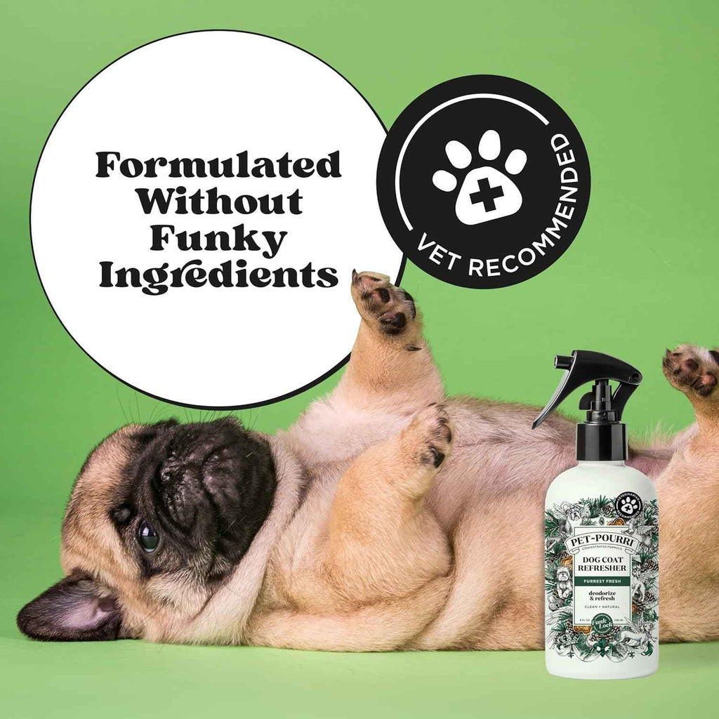poo-pourri furrest fresh dog deodorizing spray, 8 fl oz, paraben & sulfate-free, fir, amber & cedarwood scent