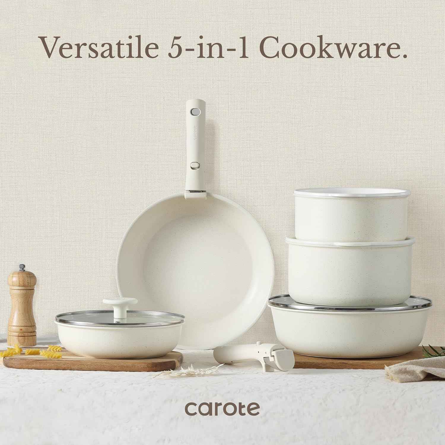 CAROTE 17pcs Pots and Pans Set, Nonstick Cookware Set Detachable Handle, Induction Kitchen Cookware Sets Non Stick with Removable Handle, RV Cookware Set, Oven Safe