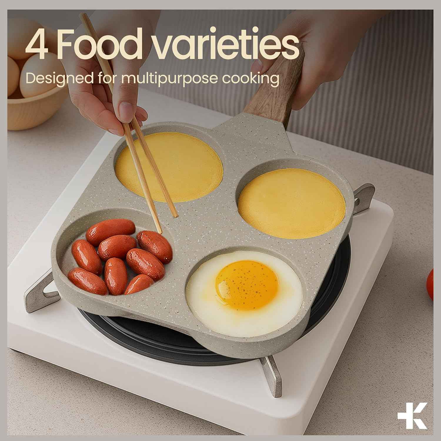 4-Cup Nonstick Frying Egg Pan White Marble, Granite Pancake Pan, PFOS & PFOA Free, Die-Cast Aluminum with Heat-Resistant Handle, 500°F Stove-Safe, Compatible with Induction, Gas & Electric Cooktops