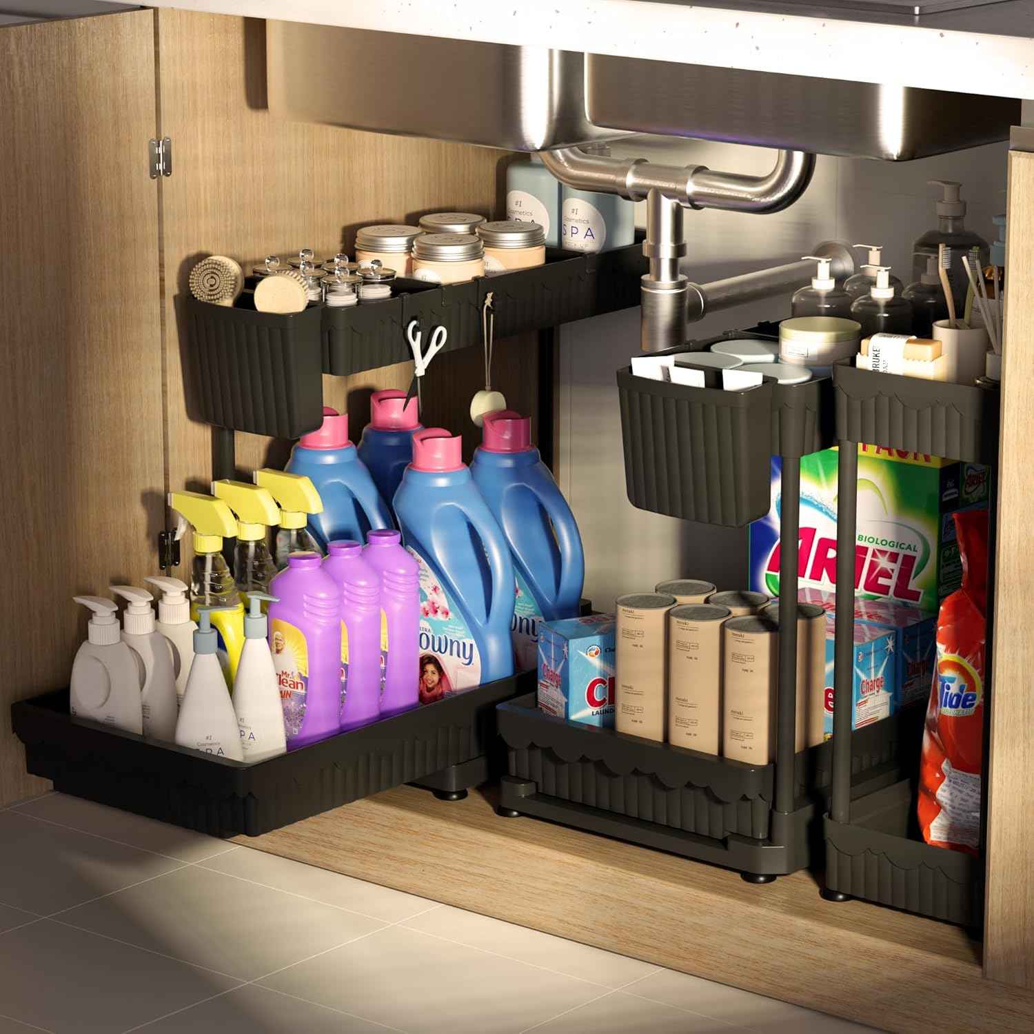 3 Pack Multi-Purpose Under Sink Organizers and Storage, 2026 L-Shaped Pull Out Cabinet Organizer for Bathroom & Kitchen, Under Cabinet Organizer with Hooks Hanging Cup, Black