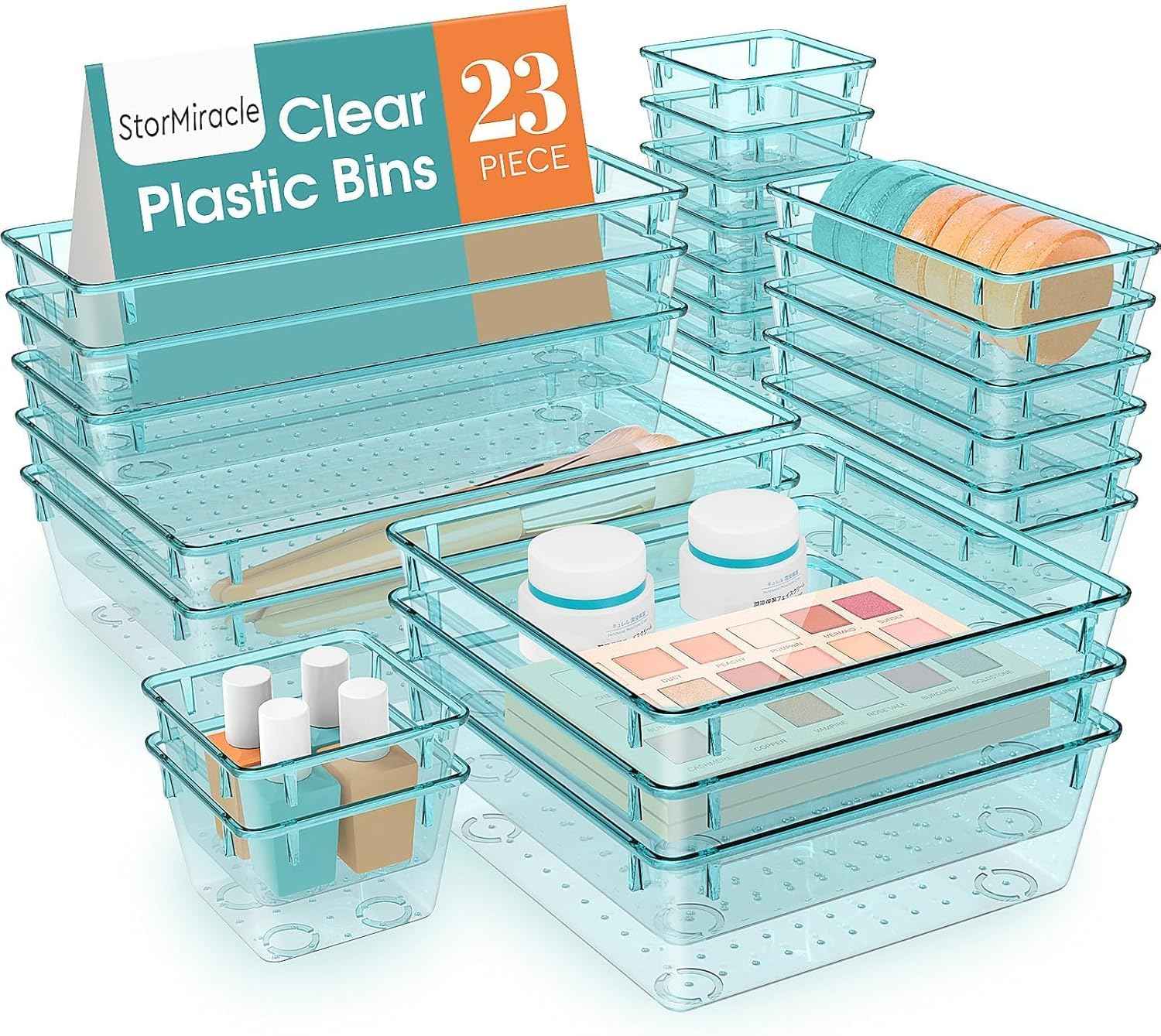 16 PCS Drawer Organizer Set, 5 Varied Size Bathroom and kitchen Drawer cabinet organizer Trays, Clear Storage Bins for Makeup, Jewelry, Utensils and Gadgets