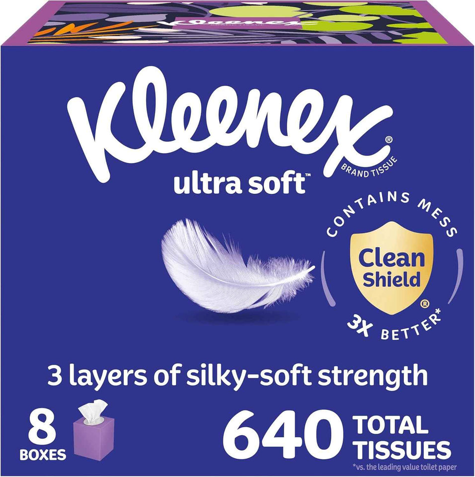 Kleenex Ultra Soft Facial Tissues, 8 Cube Boxes, 80 Tissues per Box, 3-Ply, Packaging May Vary